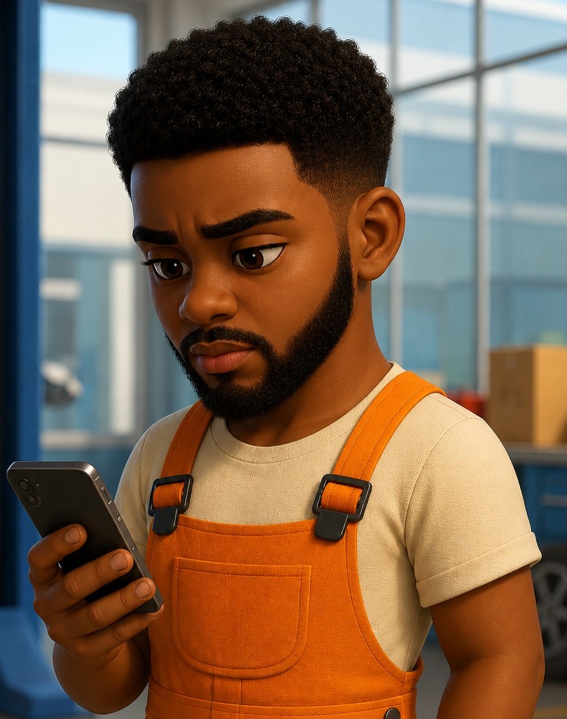 Tião segurando um celular dentro de uma oficina